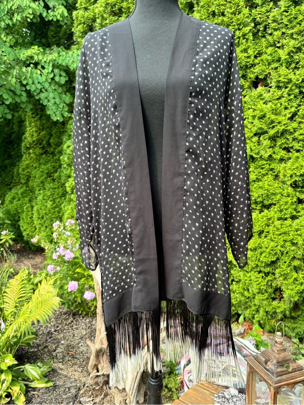 Express Black and White Polka Dot Fringe Open-Front Cardigan
